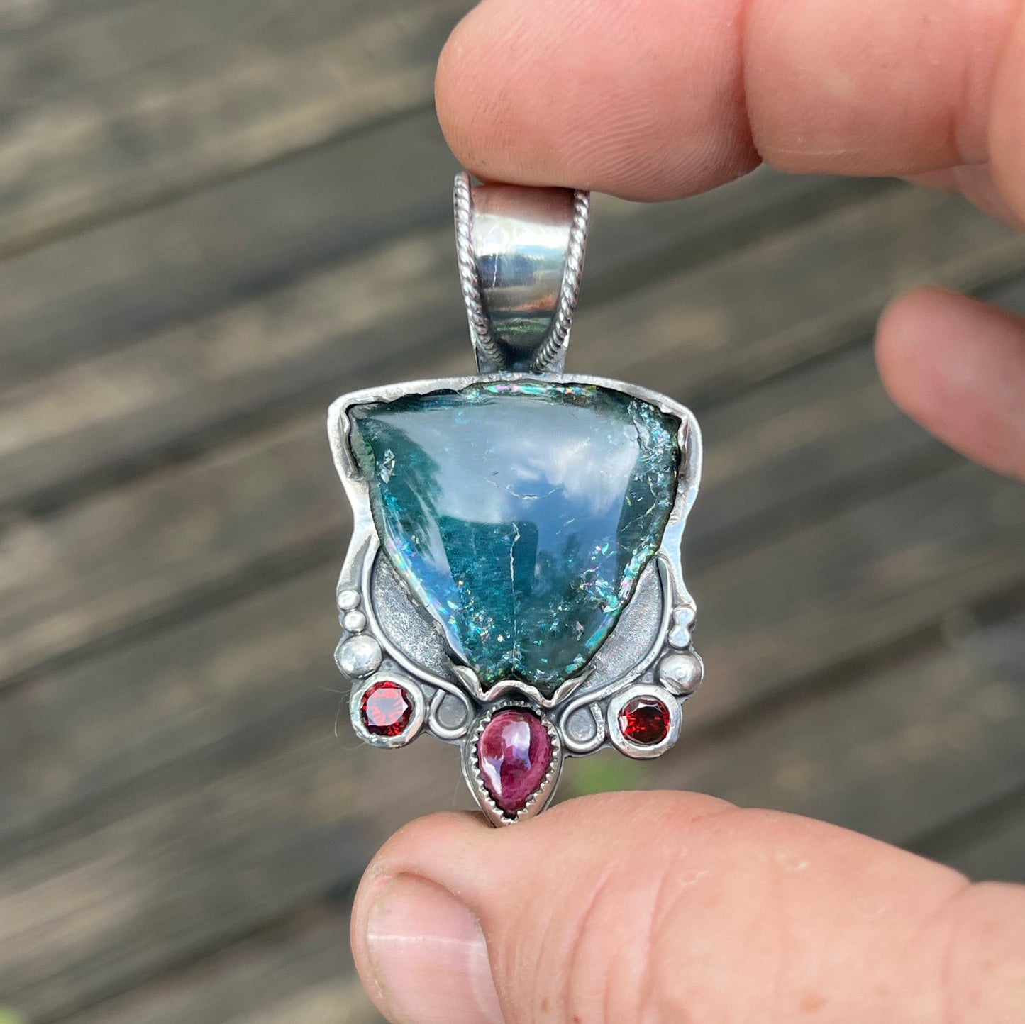 Indicolite Tourmaline Slice with Purple Spiny Oyster Cabochon with Garnet Accents in Sterling Silver Pendant Jewelry