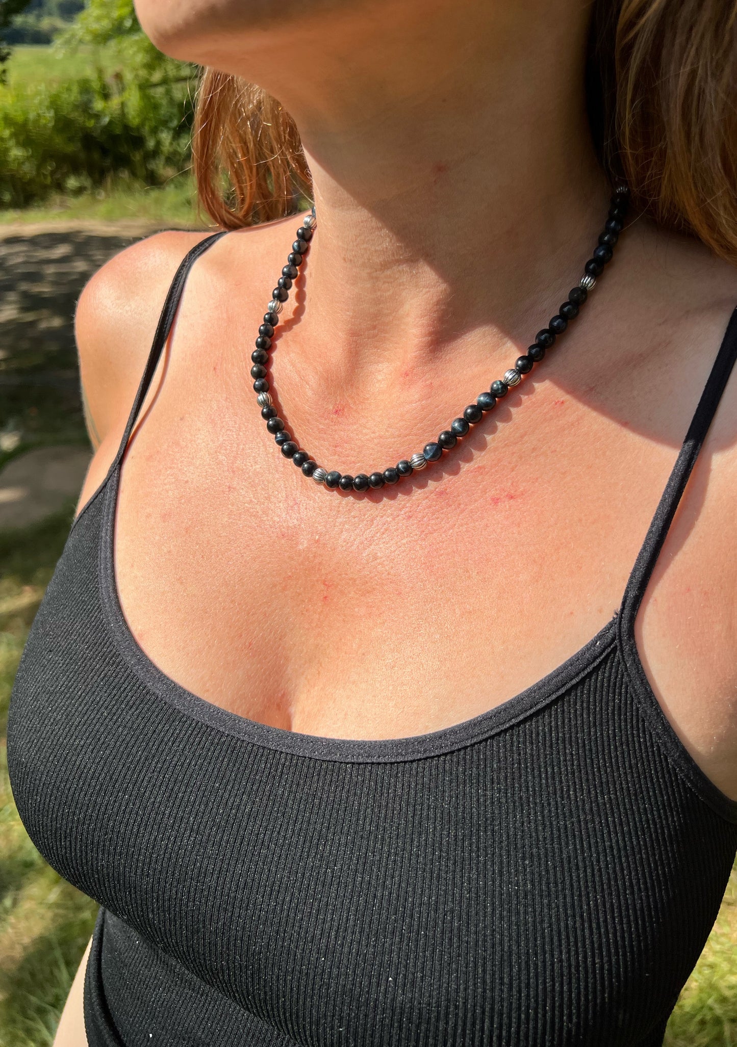 Blue Tiger Eye and Silver Beaded Necklace with Sterling Silver Clasp Jewelry