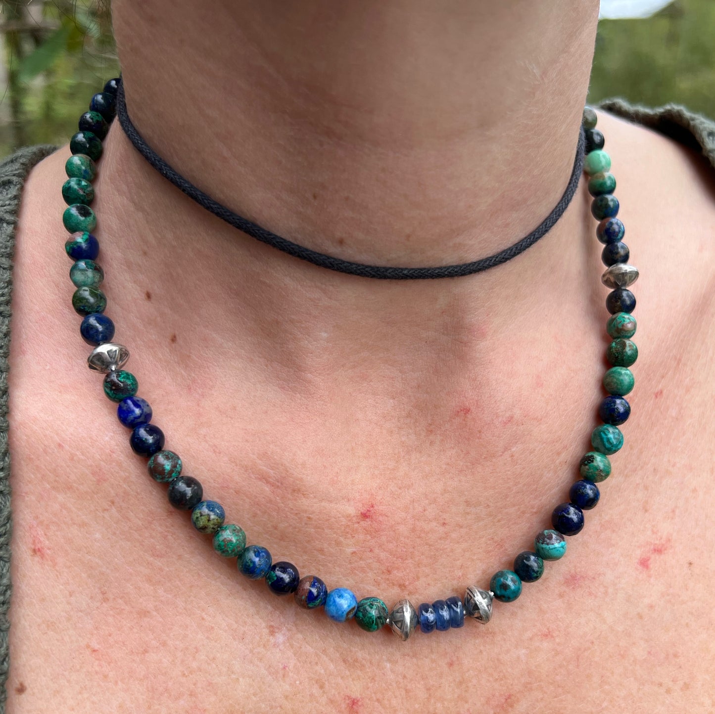Azurite and Malachite with Silver Handmade Pearls Beaded Necklace with Sterling Silver Clasp Jewelry