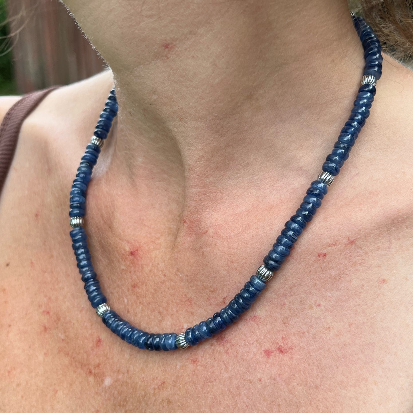 Blue Kyanite and Silver Beaded Necklace with Sterling Silver Clasp Jewelry