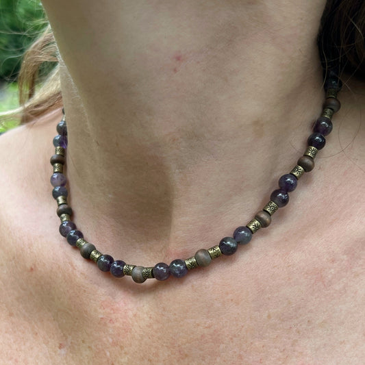 Amethyst Wood & Brass Beaded Necklace with Sterling Silver Clasp Jewelry
