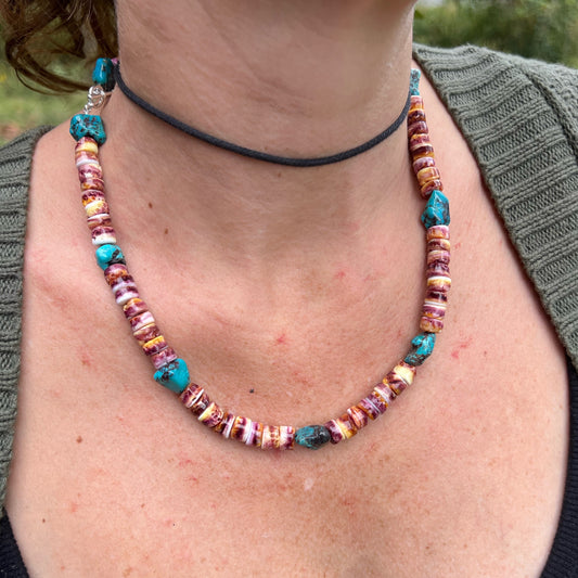 Turquoise and Purple Spiny Oyster Beaded Necklace with Sterling Silver Clasp Jewelry