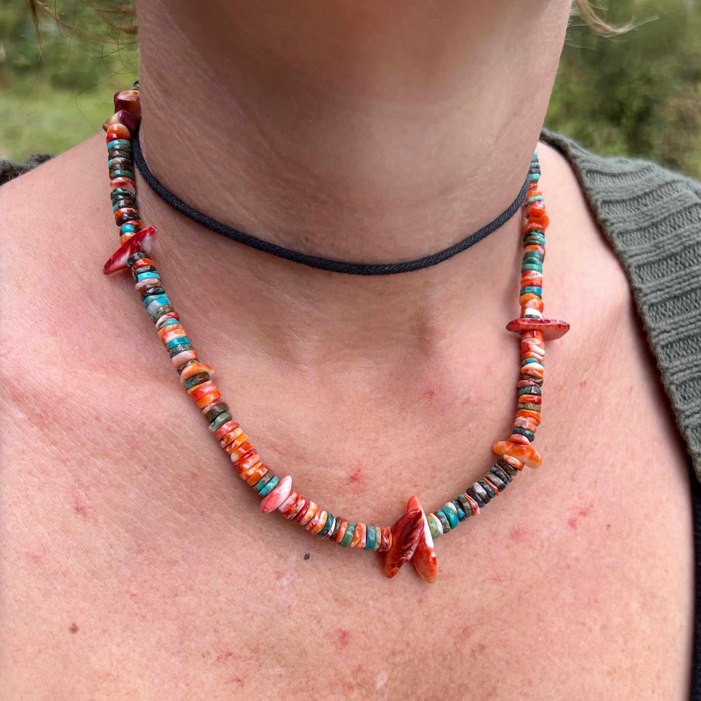 Turquoise and Spiny Oyster Beaded Necklace with Sterling Silver Clasp Jewelry