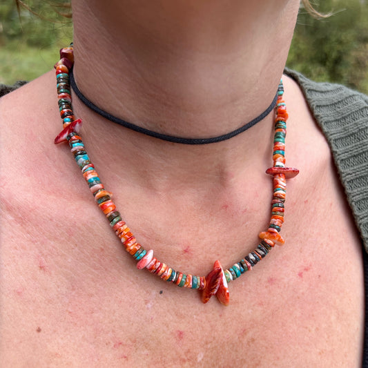 Turquoise and Spiny Oyster Beaded Necklace with Sterling Silver Clasp Jewelry