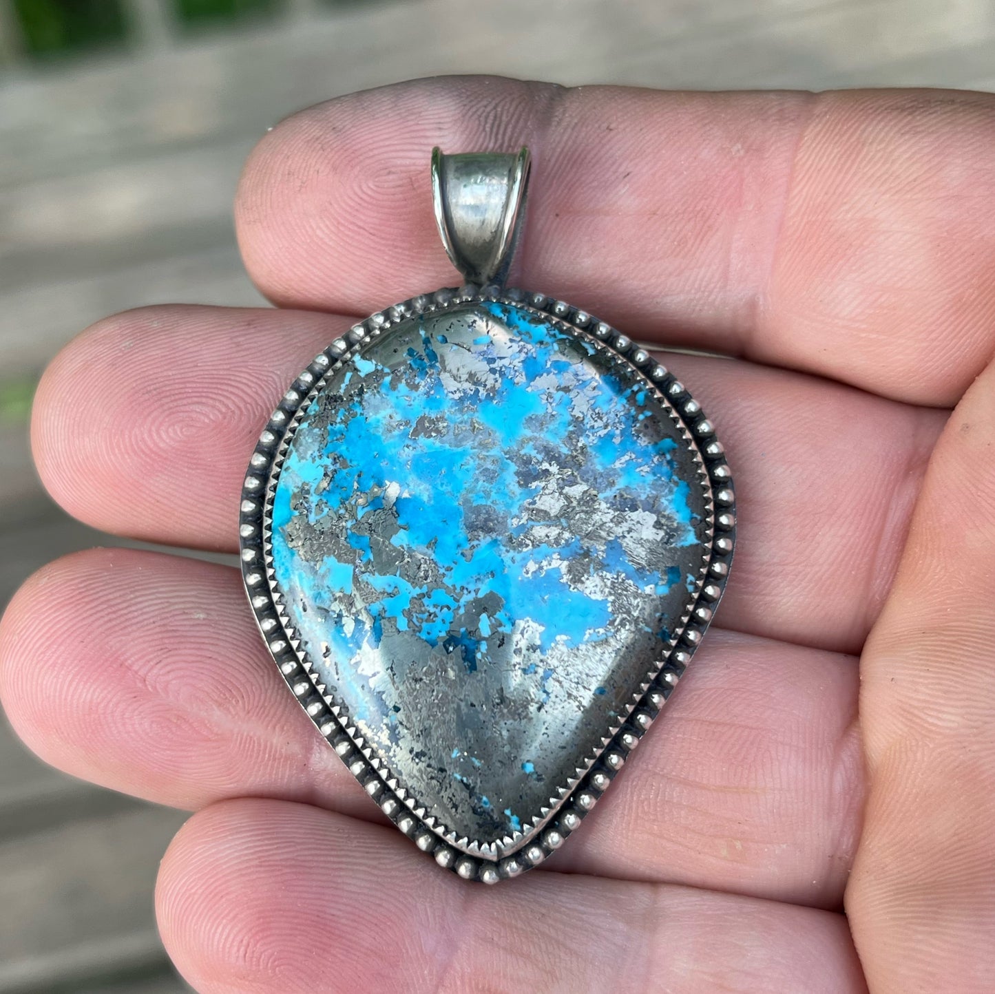 Persian Turquoise and Pyrite Cabochon in Sterling Silver Pendant Jewelry