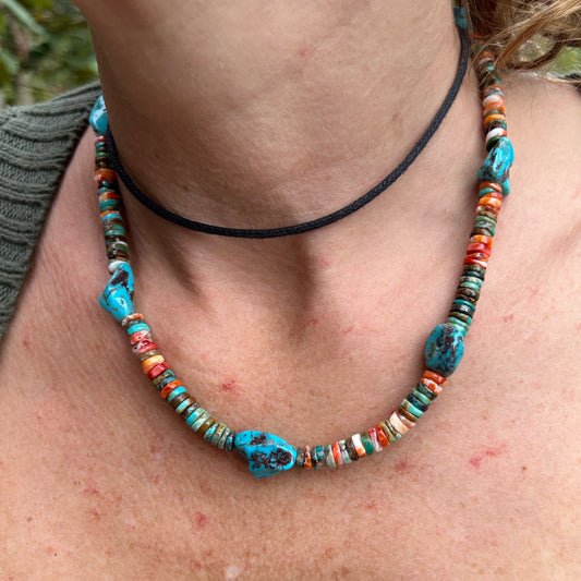 Turquoise and Spiny Oyster Beaded Necklace with Sterling Silver Clasp Jewelry