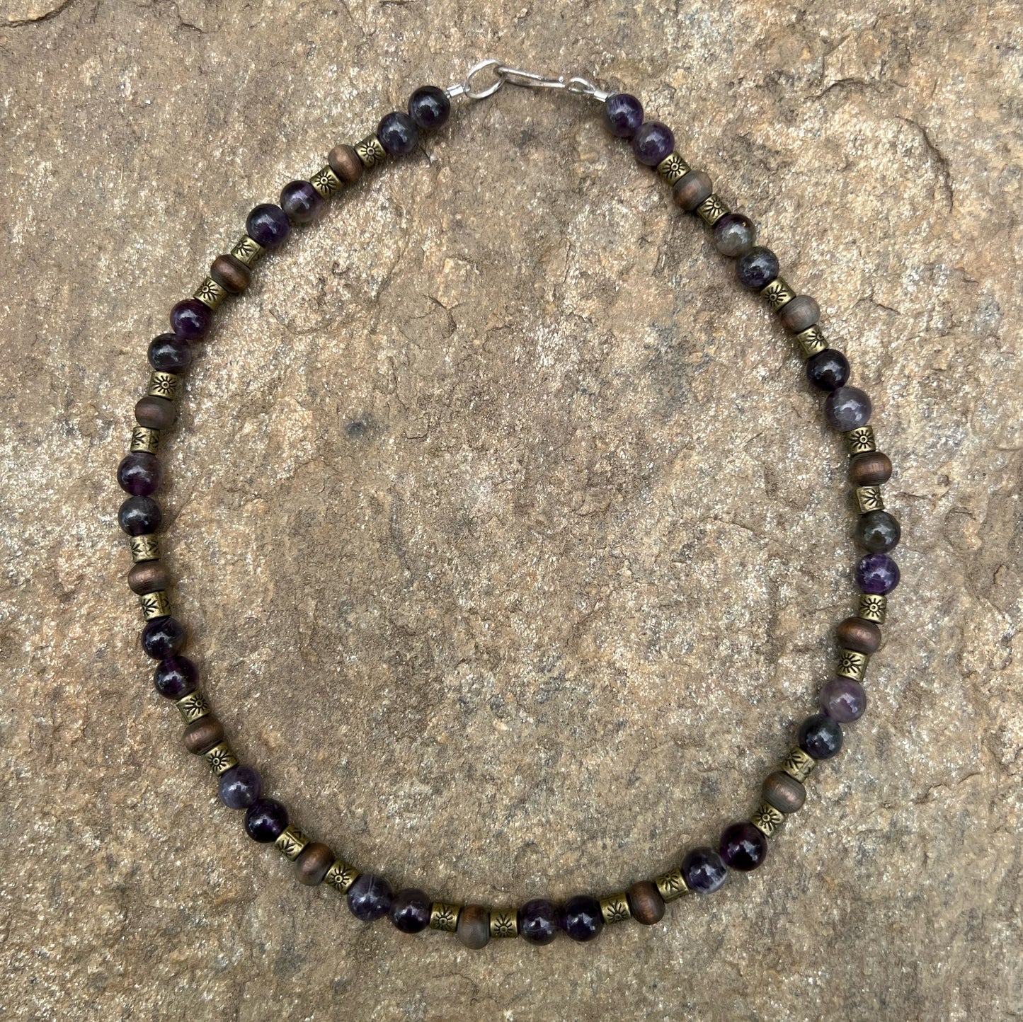 Amethyst Wood & Brass Beaded Necklace with Sterling Silver Clasp Jewelry