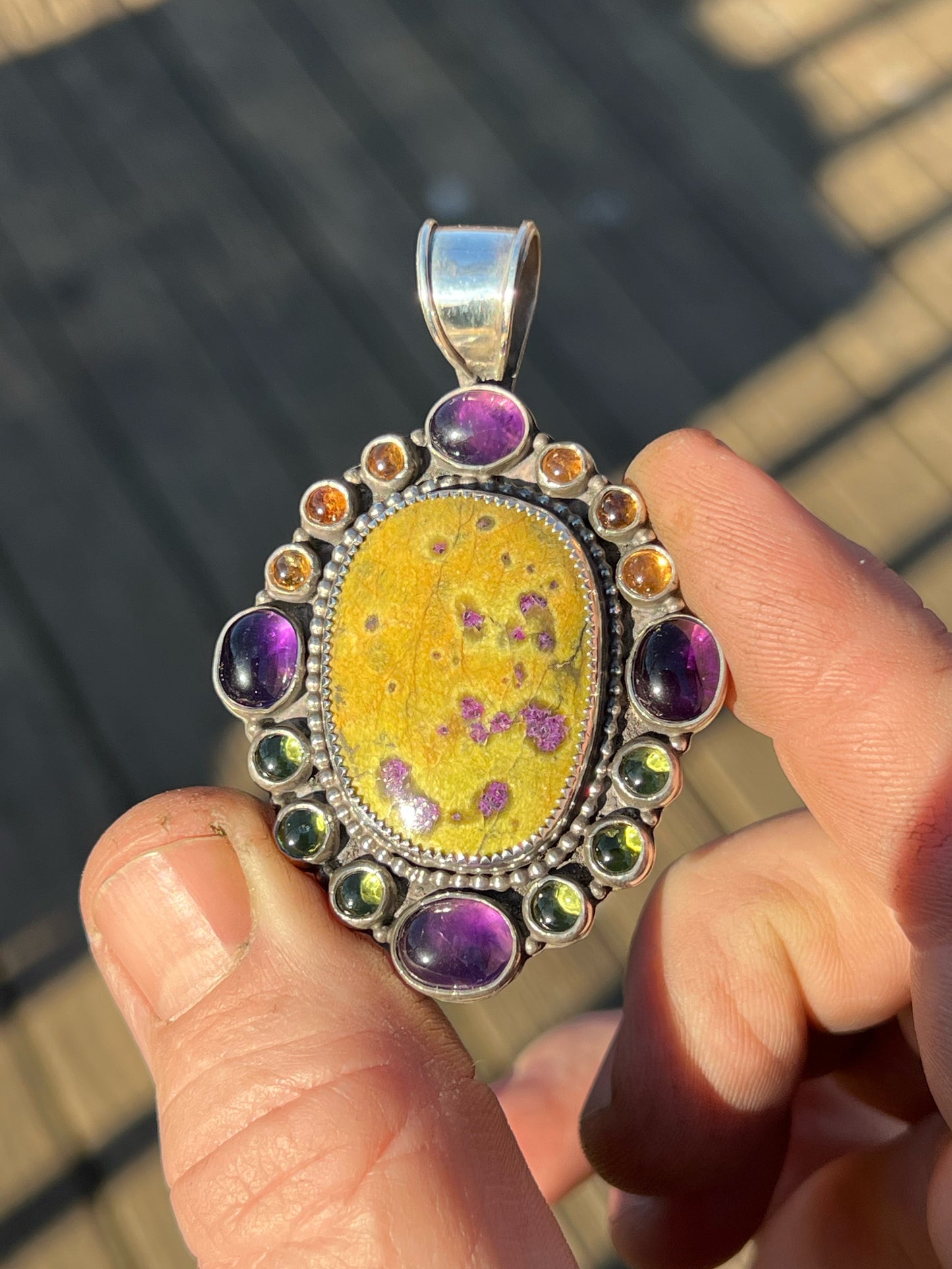 Atlantisite Pendant accented with Peridot and Amethyst Sterling Silver Pendant Jewelry