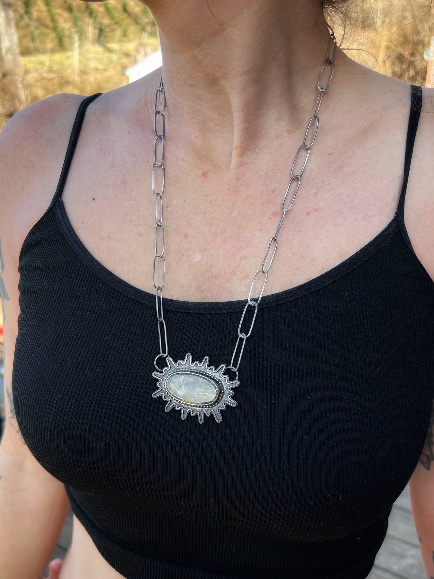 Golden Rutile in Quartz Cabochon Sterling Silver Necklace