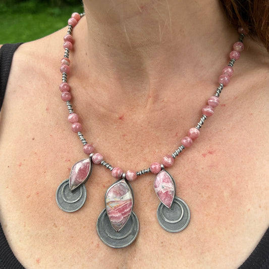 Argentinian Rhodochrosite Cabochons in Sterling Silver Station Necklace Jewelry