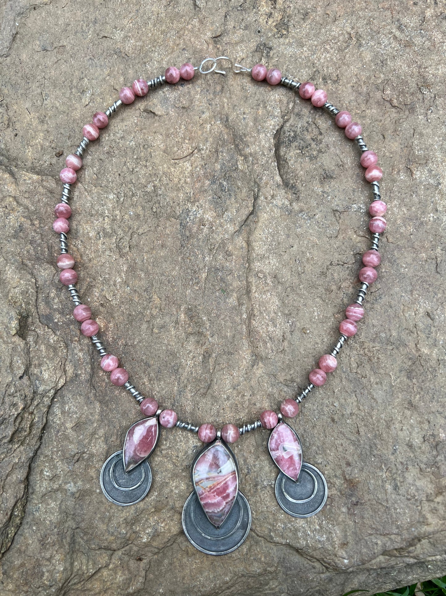Argentinian Rhodochrosite Cabochons in Sterling Silver Station Necklace Jewelry