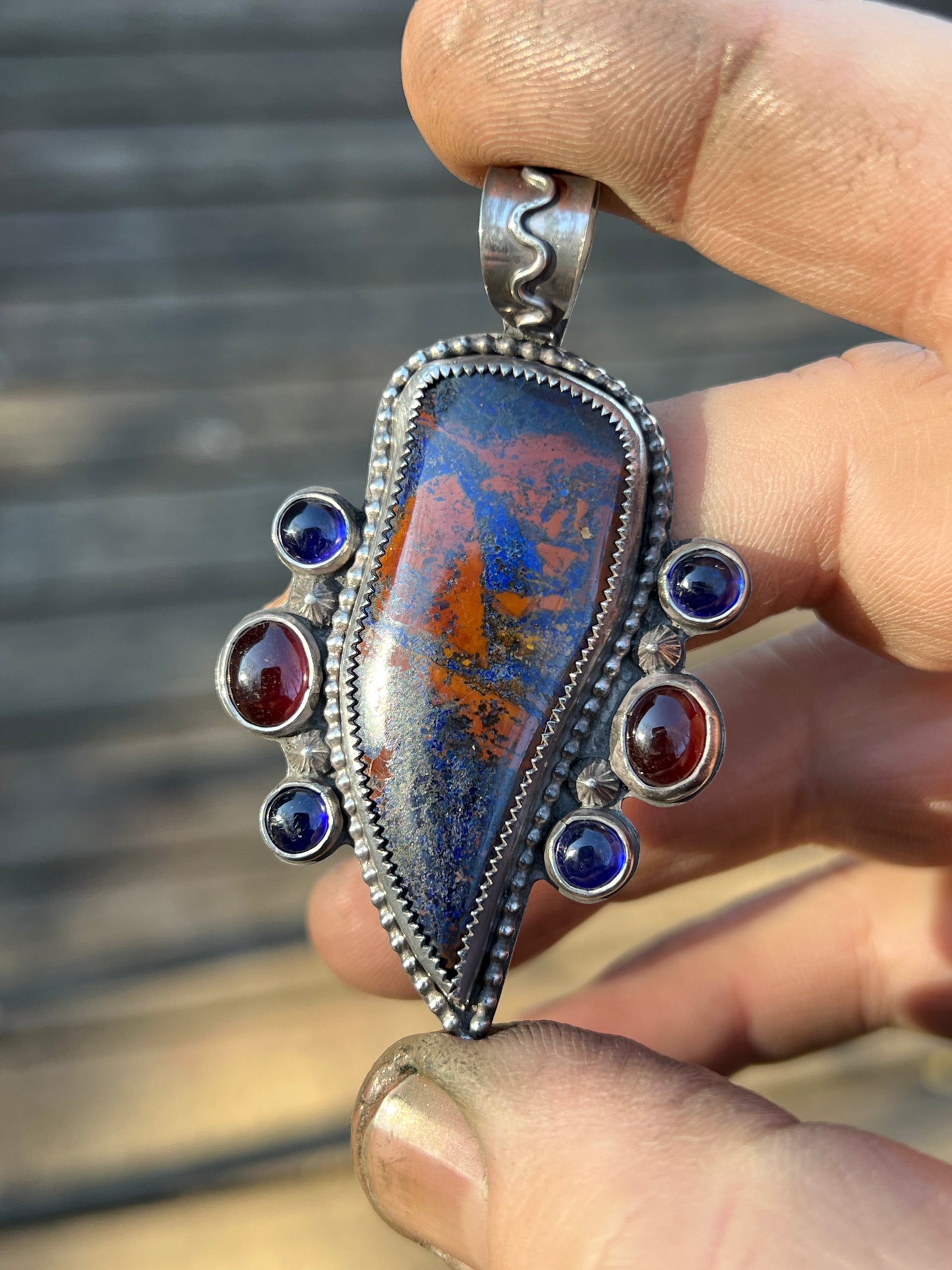 Azurite and Cuprite Cabochon from Arizona with Garnet and Blue Sapphire accents in Sterling Silver Pendant Jewelry