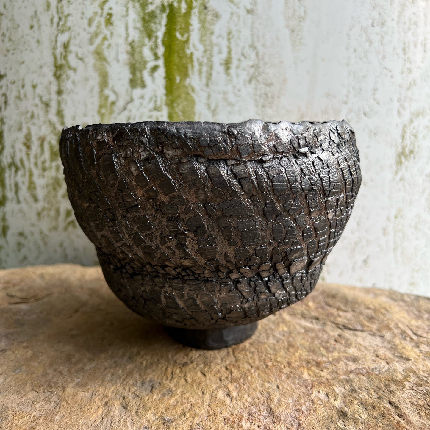 Handmade Pottery Raku Fired Footed Bowl with Cracked Texture