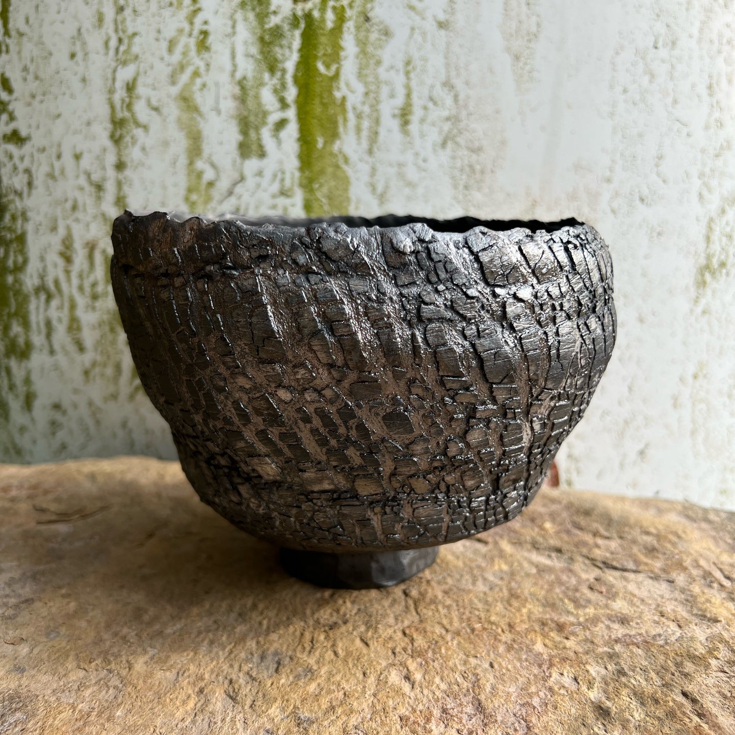 Handmade Pottery Raku Fired Footed Bowl with Cracked Texture