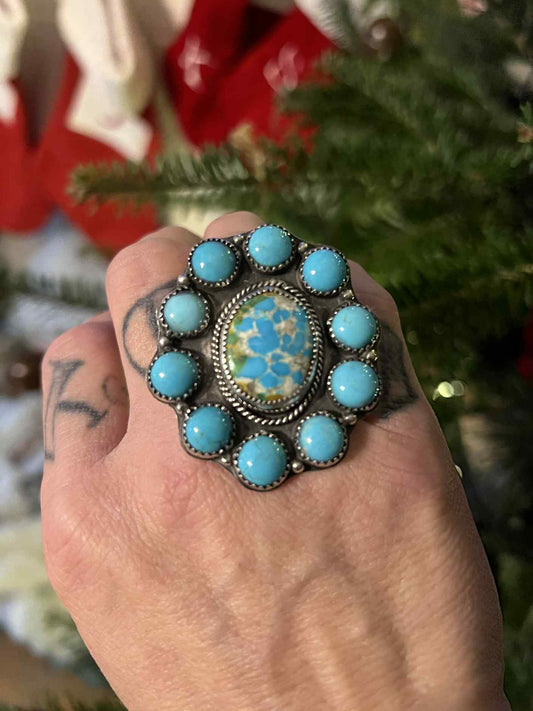 Sonoran Turquoise Cabochon with Kingman Turquoise accents in Sterling Silver Ring Size 7 Jewelry