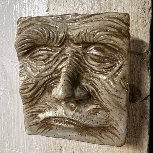 Handmade Ceramic Sculpture Wall Hanging of Creepy Old Face
