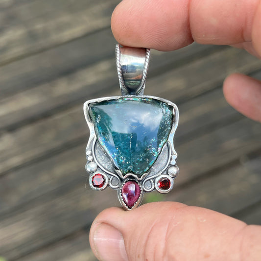 Indicolite Tourmaline Slice with Purple Spiny Oyster Cabochon with Garnet Accents in Sterling Silver Pendant Jewelry