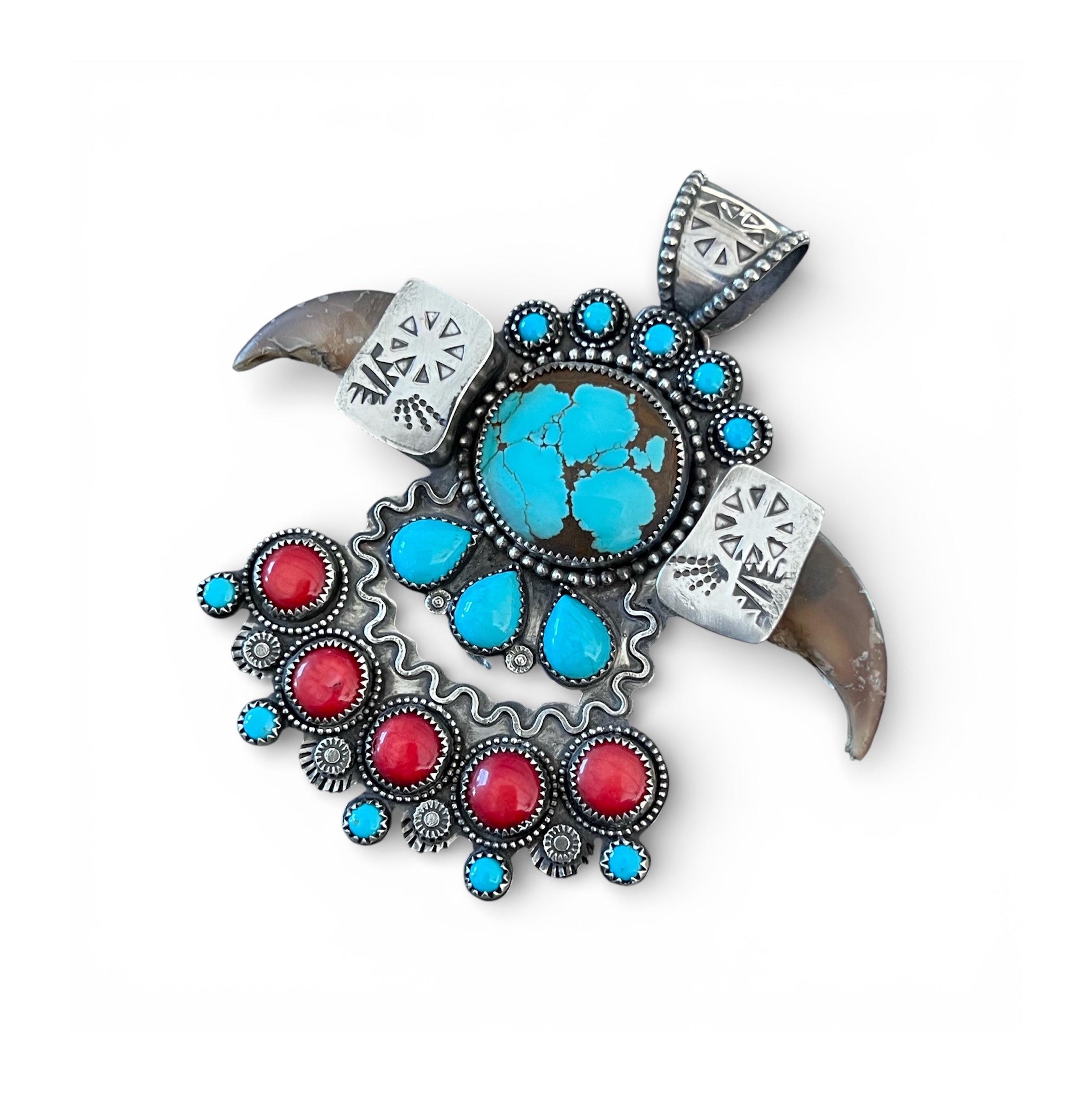 Number 8 Turquoise,  Mediterranean Coral, and Bear Claws in Sterling Silver Pendant