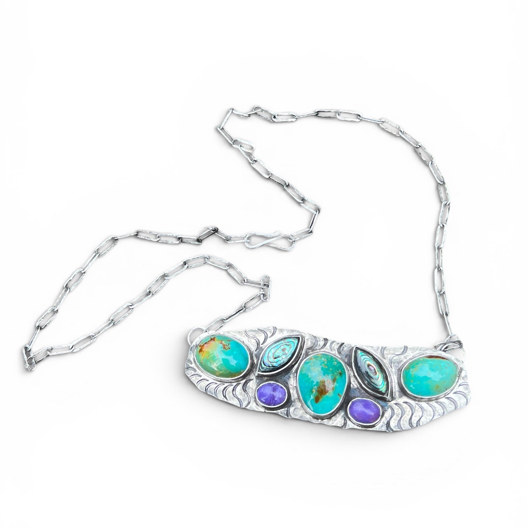 Kingman Turquoise Abalone and Charoite in Silver Necklace