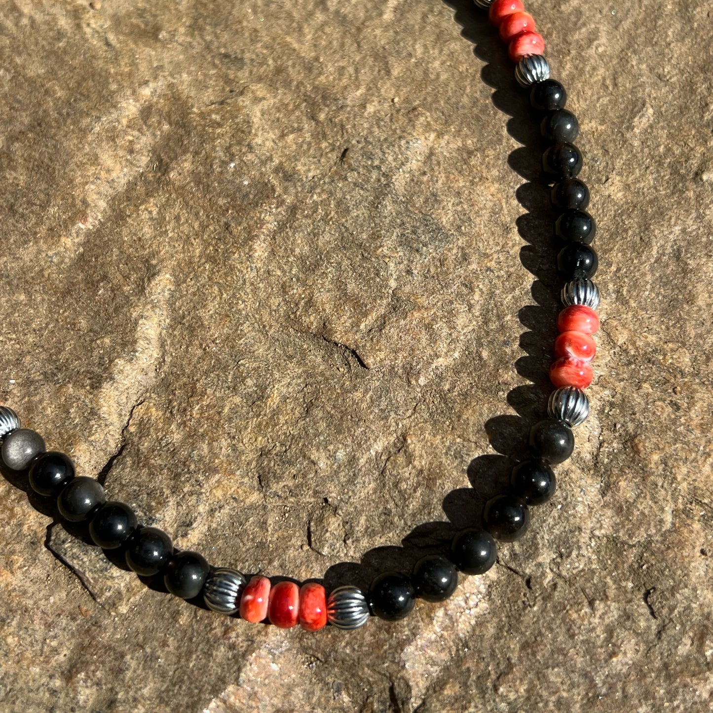 Red Spiny Obsidian and Silver Beaded Necklace with Sterling Silver Clasp Jewelry