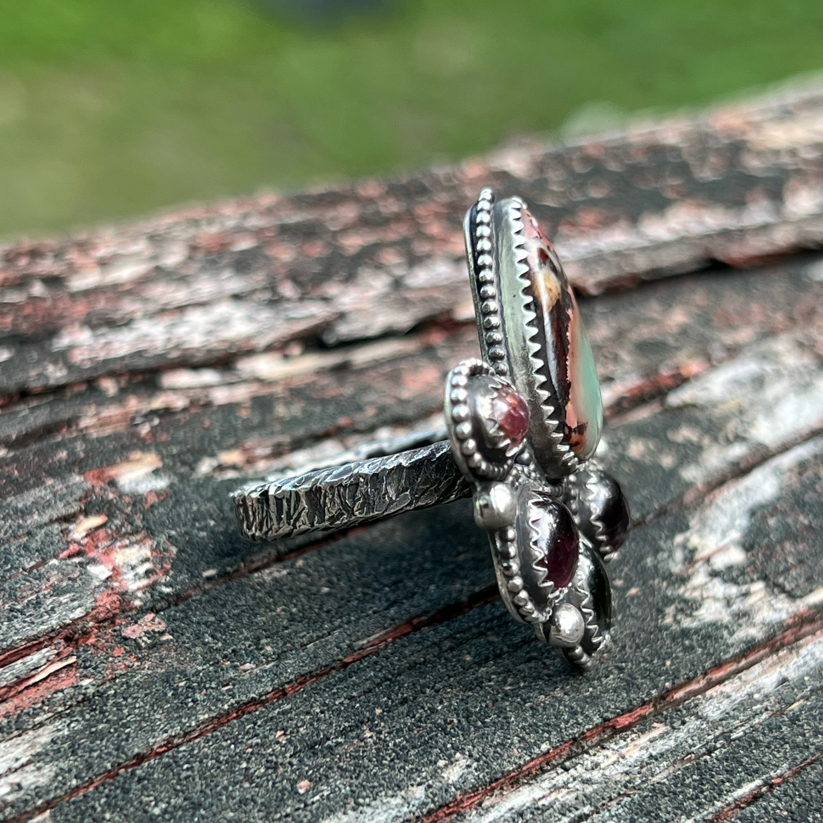 Wildflower Sky Ring with Hubei Polychrome Turquoise and Tourmaline accents Sterling Silver Size 7