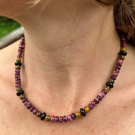 Purple Spiny Oyster with Tigers Eye and Onyx Beaded Necklace with Sterling Silver Clasp Jewelry