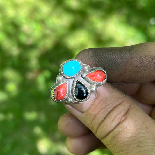 Turquoise, Red Spiny Oyster, and Onyx in Sterling Silver Ring Jewelry