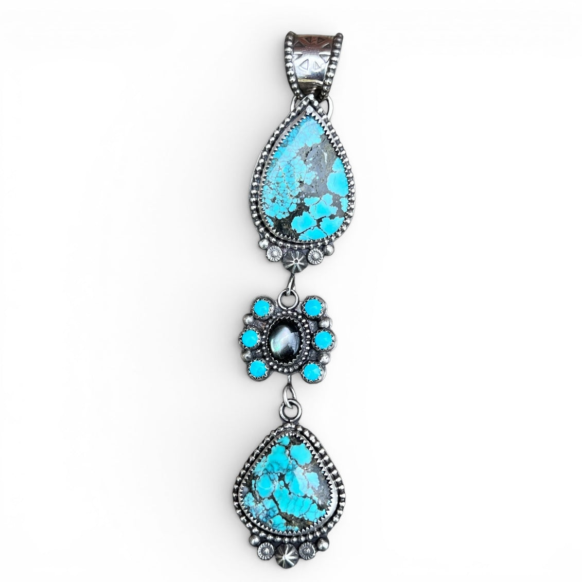 Blue Moon Turquoise with Black Mother of Pearl Triple Drop Silver Pendant