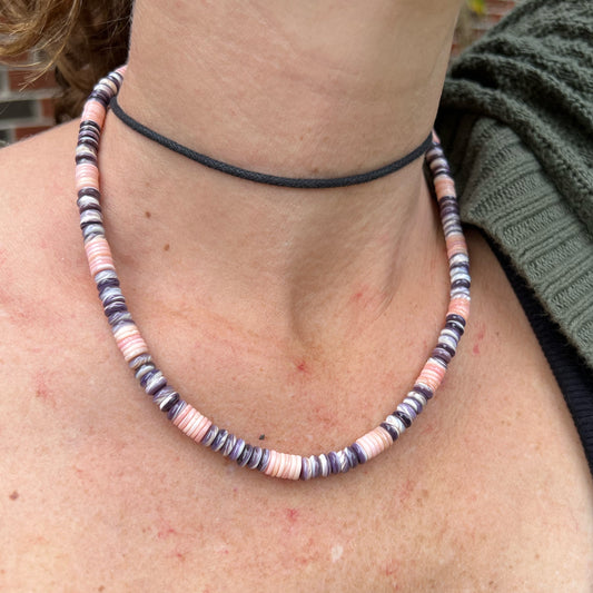 Pink Conch and Wampum Beaded Necklace with Sterling Silver Clasp Jewelry