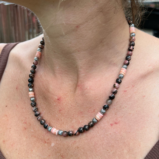 Rhodonite Pink Conch and Silver Beaded Necklace with Sterling Silver Clasp Jewelry