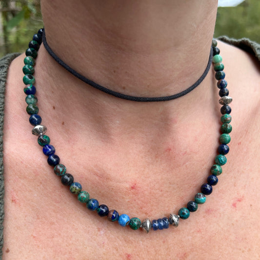 Azurite and Malachite with Silver Handmade Pearls Beaded Necklace with Sterling Silver Clasp Jewelry