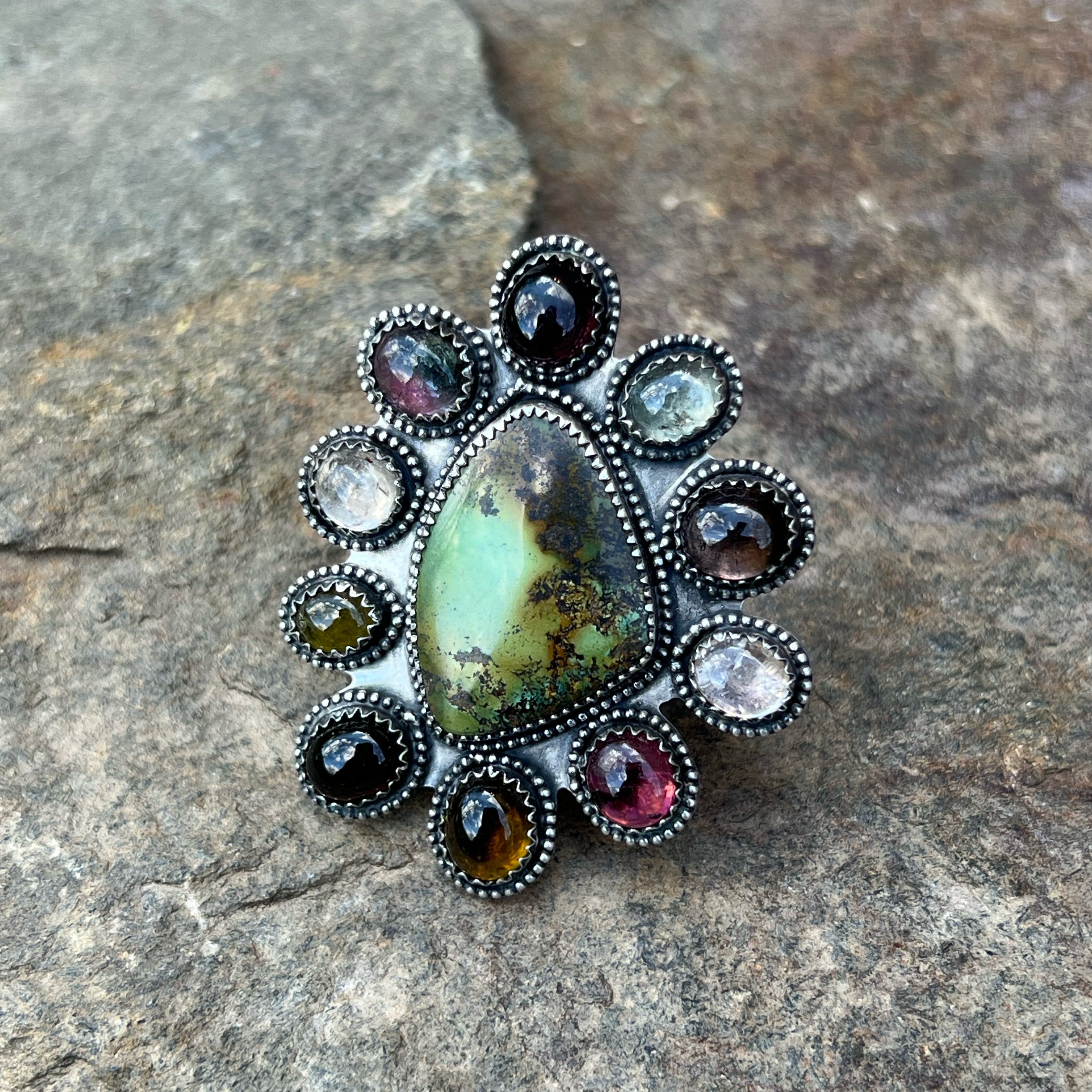 Hubei Turquoise with Tourmaline accents Cluster Ring in Sterling Silver Size 9.5