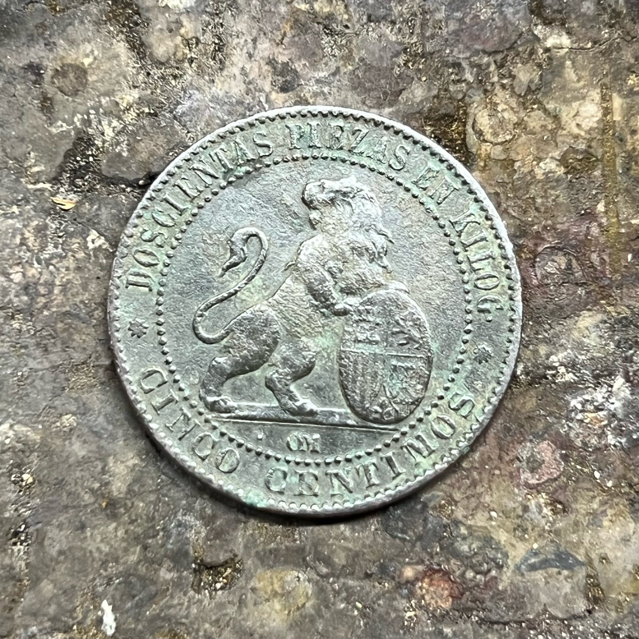 1870 Spain Copper 5 Céntimos – Provisional Government Spanish Colonial Copper Coin