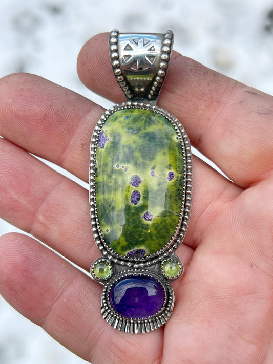 Atlantisite Pendant accented with Peridot and Amethyst Sterling Silver Pendant Jewelry