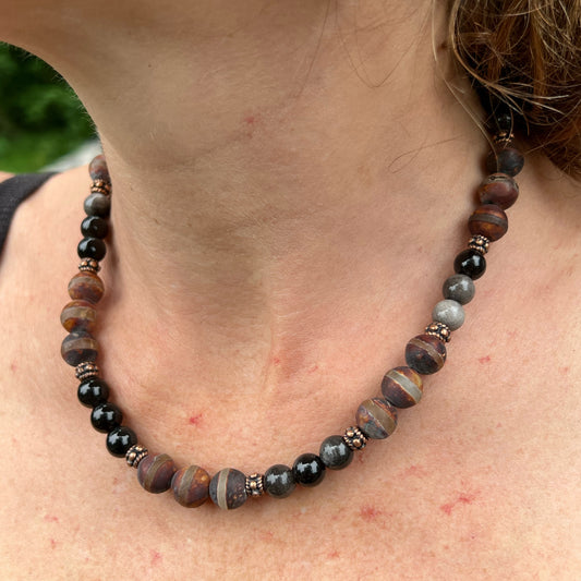 Tibetan Frosted Dark Walnut Line Agate with Silver Sheen Obsidian and Copper Accents Beaded Necklace with Sterling Silver Clasp Jewelry