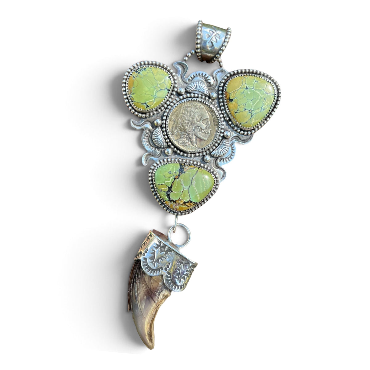 “The Outlaw’s Relic” Hobo Nickel with Polychrome Hubei Turquoise and a Bear Claw in Silver Pendant