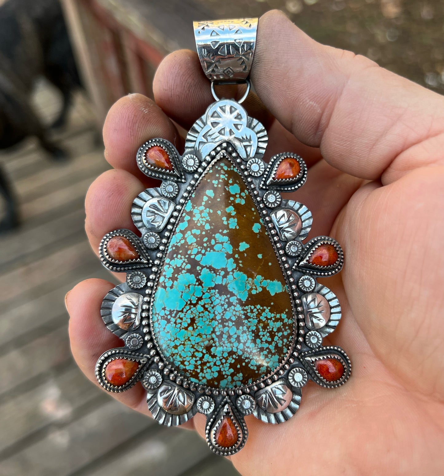 Number 8 Turquoise Pendant accented with Apple Coral from Nevada, USA Sterling Silver Pendant Jewelry