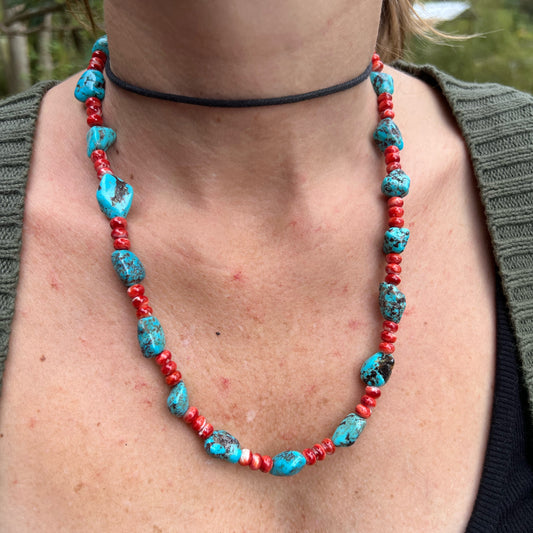 Turquoise and Spiny Oyster Beaded Necklace with Sterling Silver Clasp Jewelry