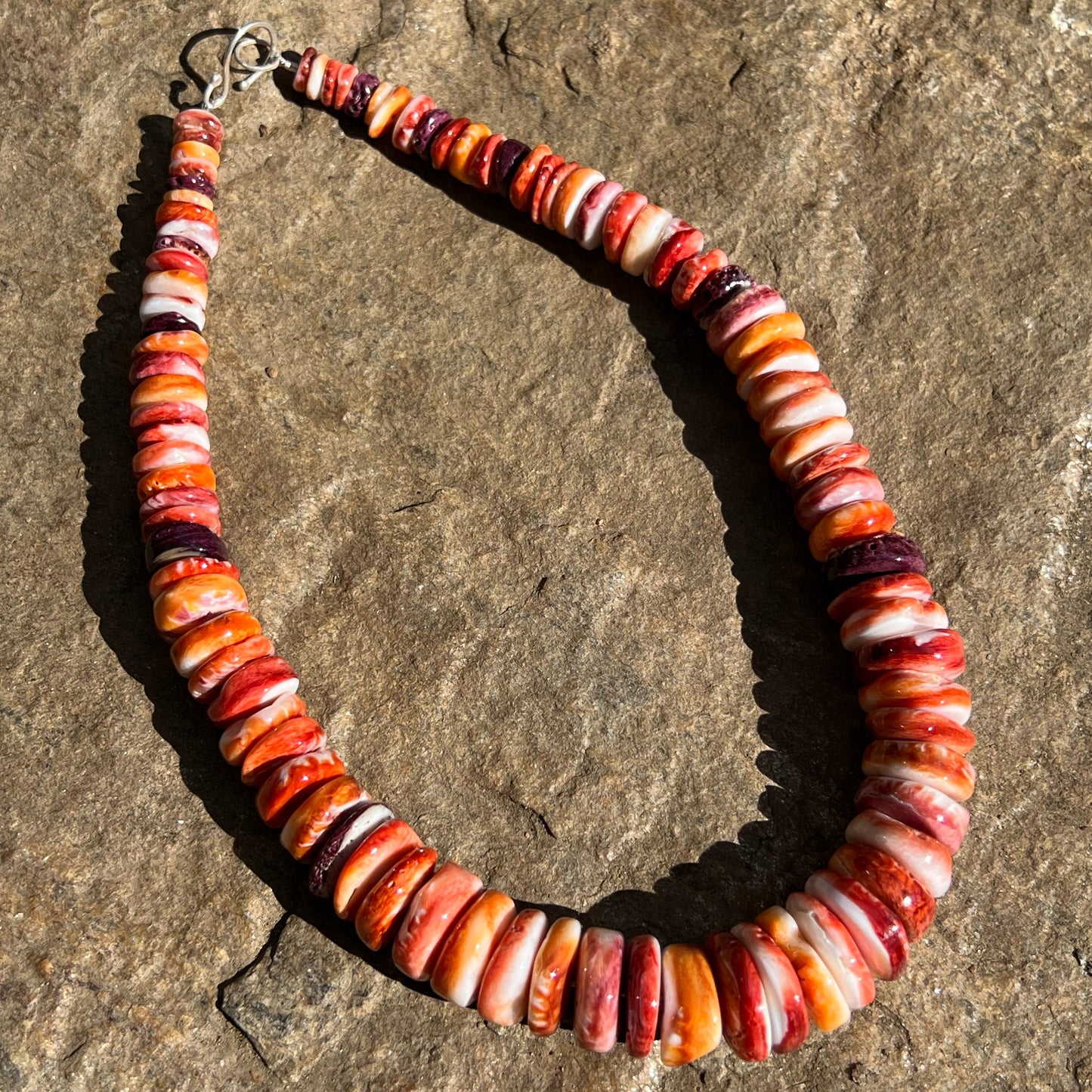 Graduated Red and Orange Spiny Oyster Beaded Necklace with Sterling Silver Clasp Jewelry