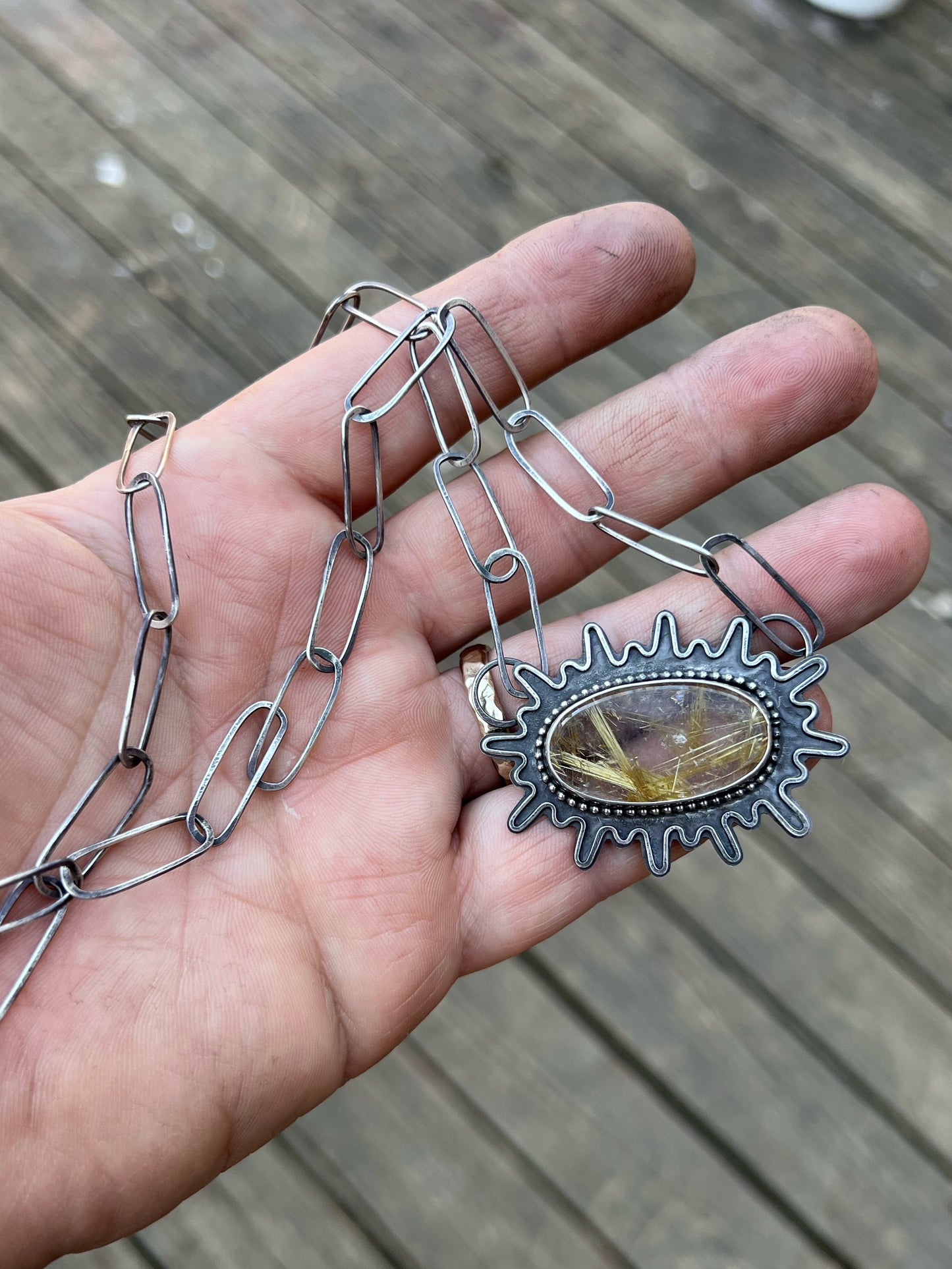 Golden Rutile in Quartz Cabochon Sterling Silver Necklace