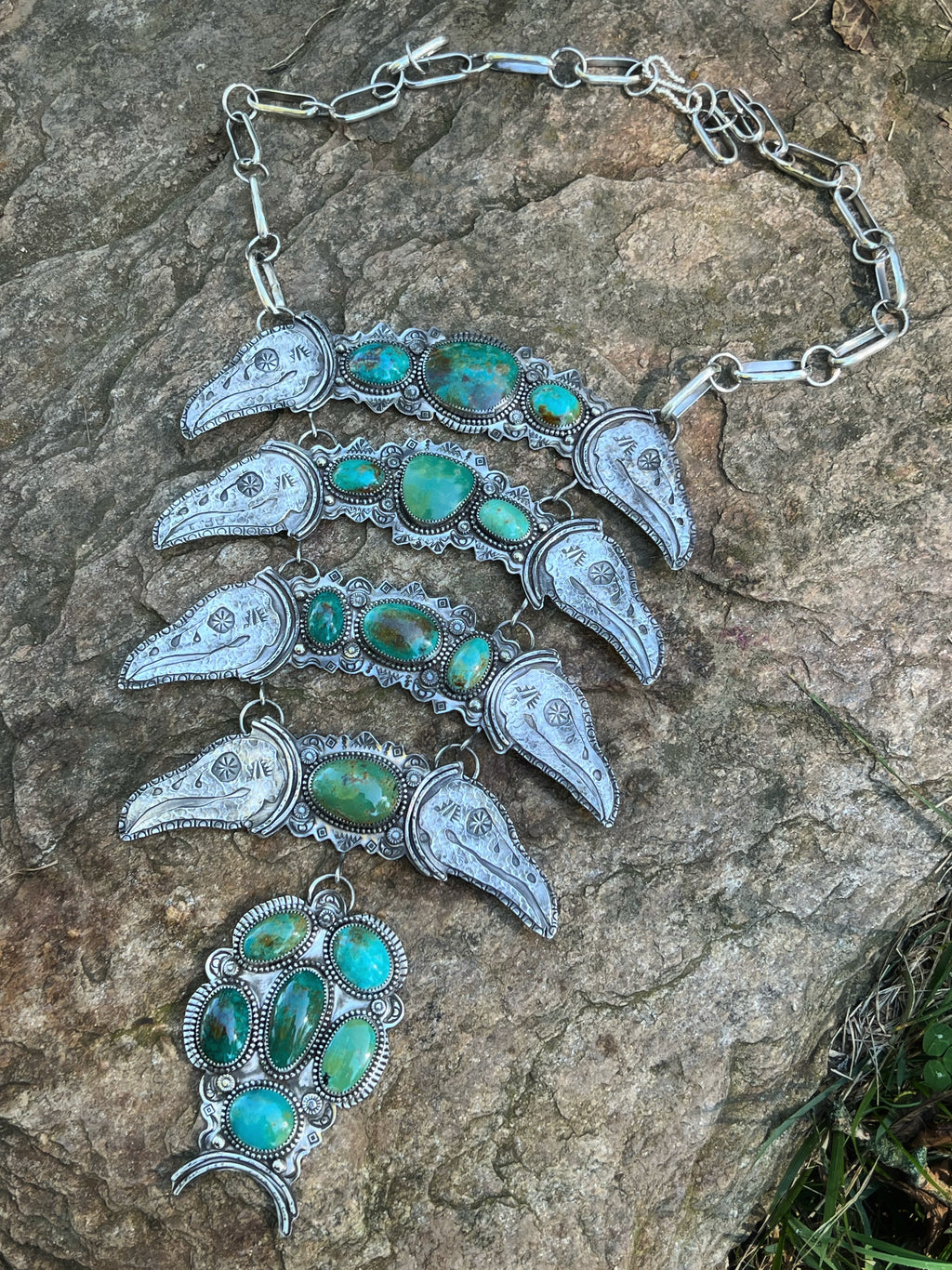 “The Raven’s Reliquary” Kingman Turquoise Breastplate Necklace in Silver