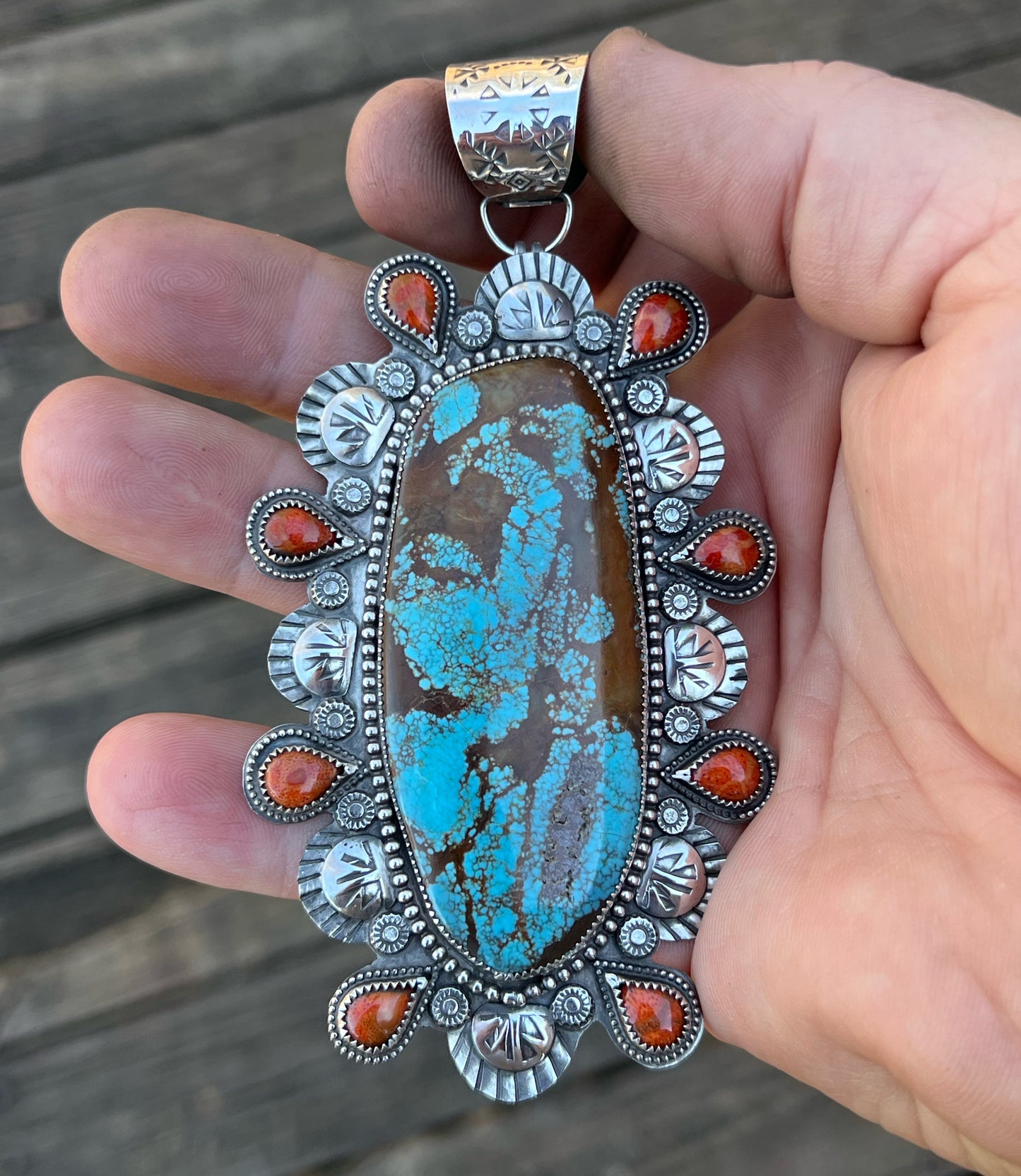 Number 8 Turquoise Pendant accented with Apple Coral from Nevada, USA Sterling Silver Pendant Jewelry