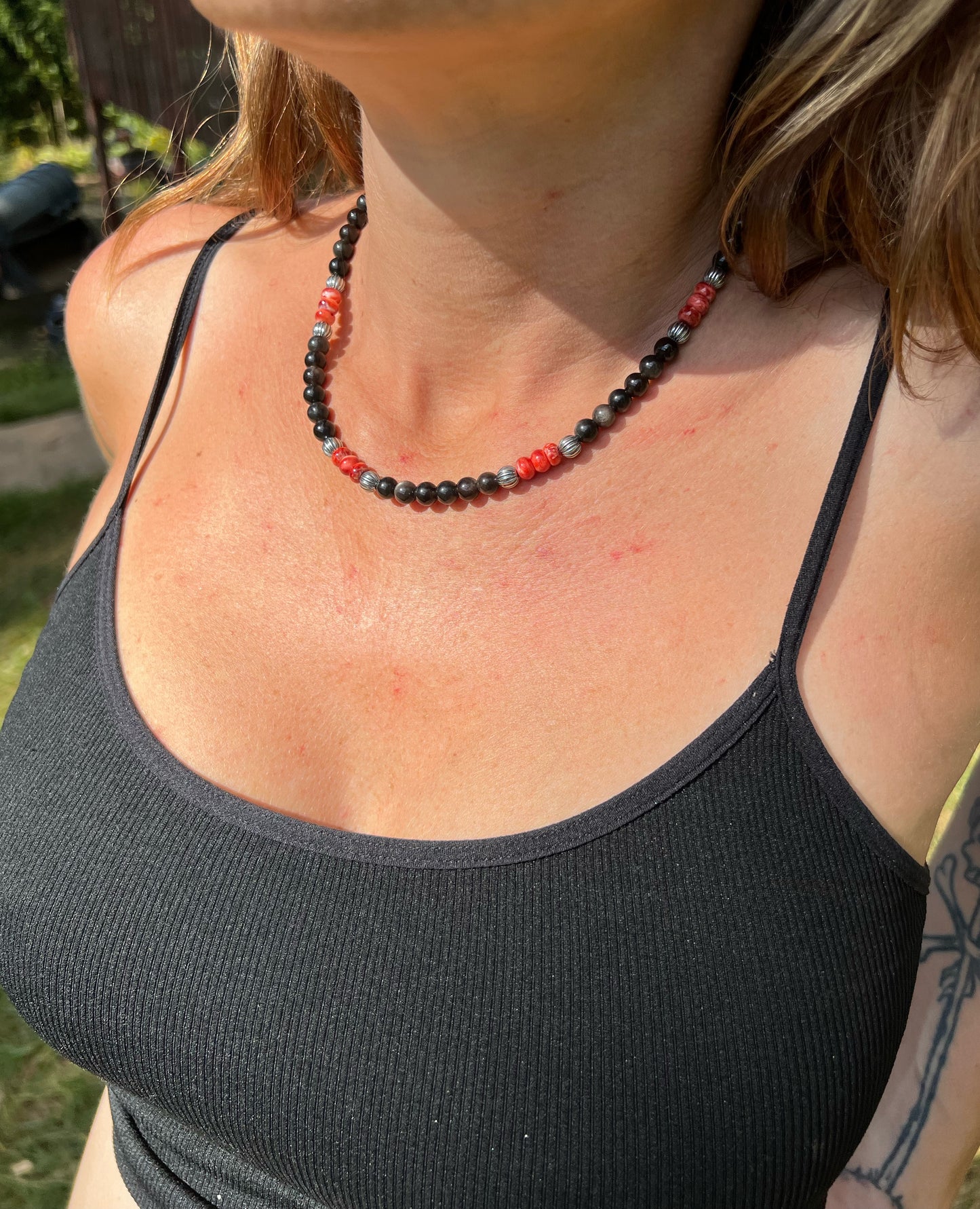 Red Spiny Obsidian and Silver Beaded Necklace with Sterling Silver Clasp Jewelry