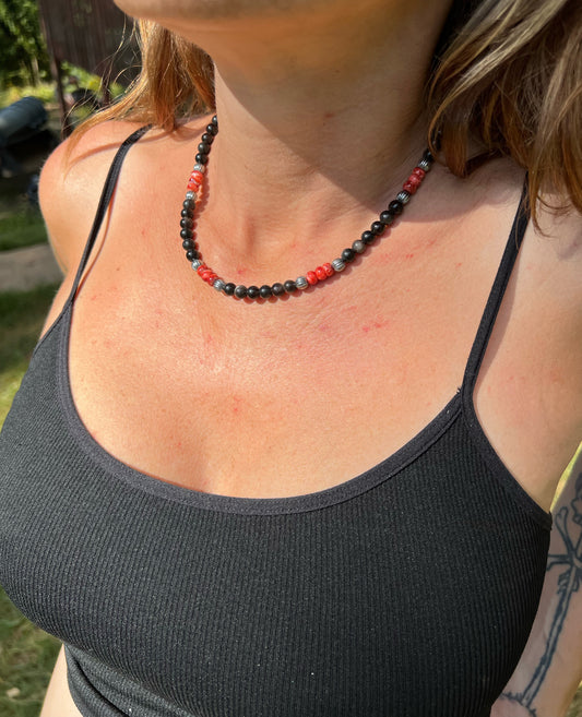 Red Spiny Obsidian and Silver Beaded Necklace with Sterling Silver Clasp Jewelry