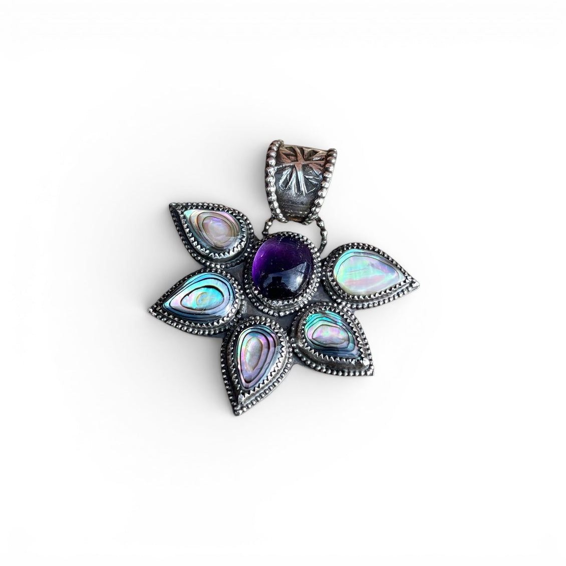 Amethyst and Abalone Flower Silver Pendant