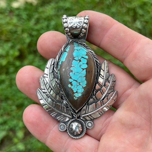 Number 8 Turquoise Cabochon in Sterling Silver Pendant Jewelry