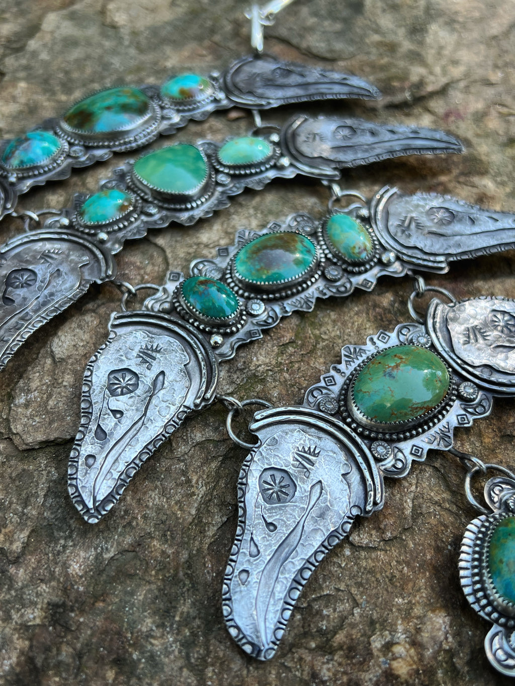 “The Raven’s Reliquary” Kingman Turquoise Breastplate Necklace in Silver