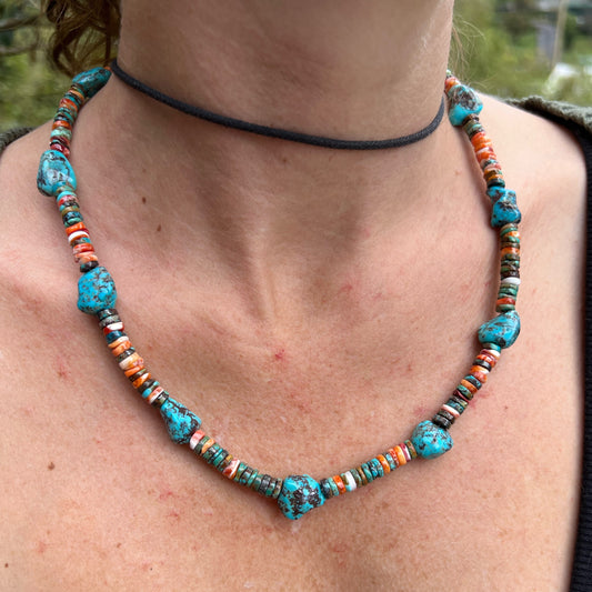 Turquoise and Spiny Oyster Beaded Necklace with Sterling Silver Clasp Jewelry