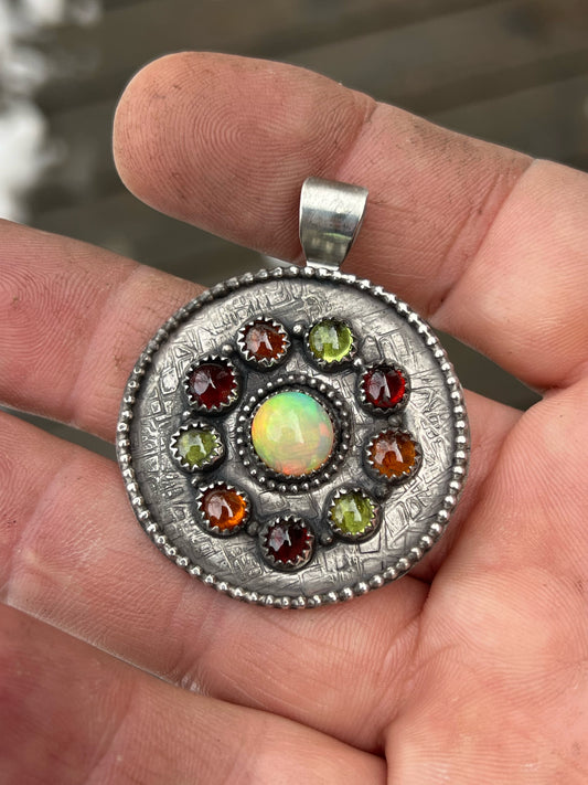 Welo Opal Pendant accented with Garnets and Peridot Sterling Silver Pendant Jewelry
