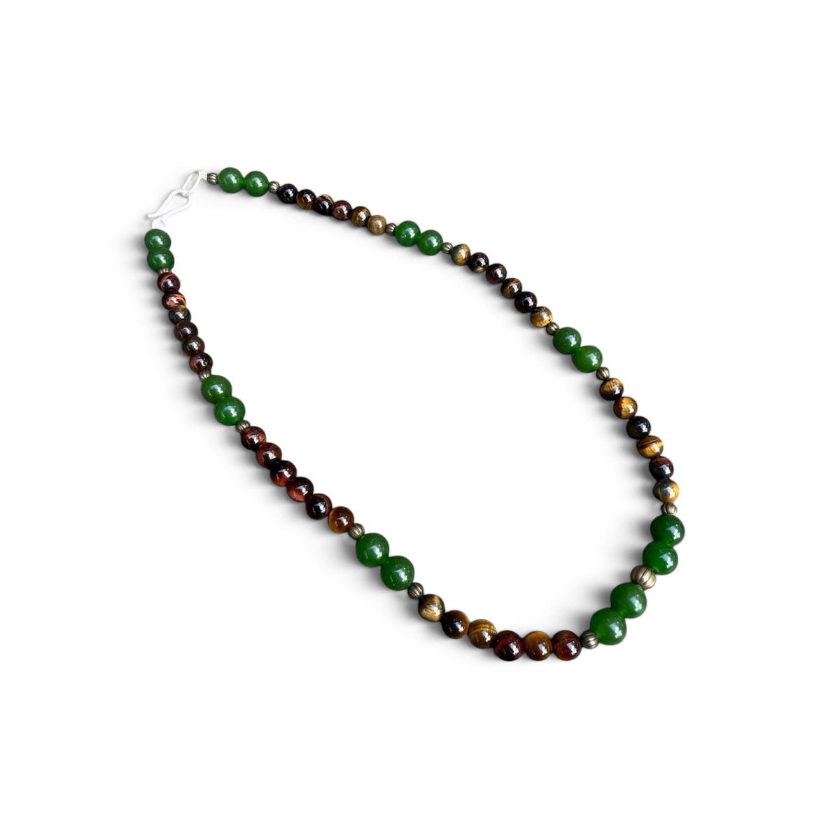 Tiger Eye, Jade, and Brasa Beaded Necklace with Sterling Silver Clasp Jewelry